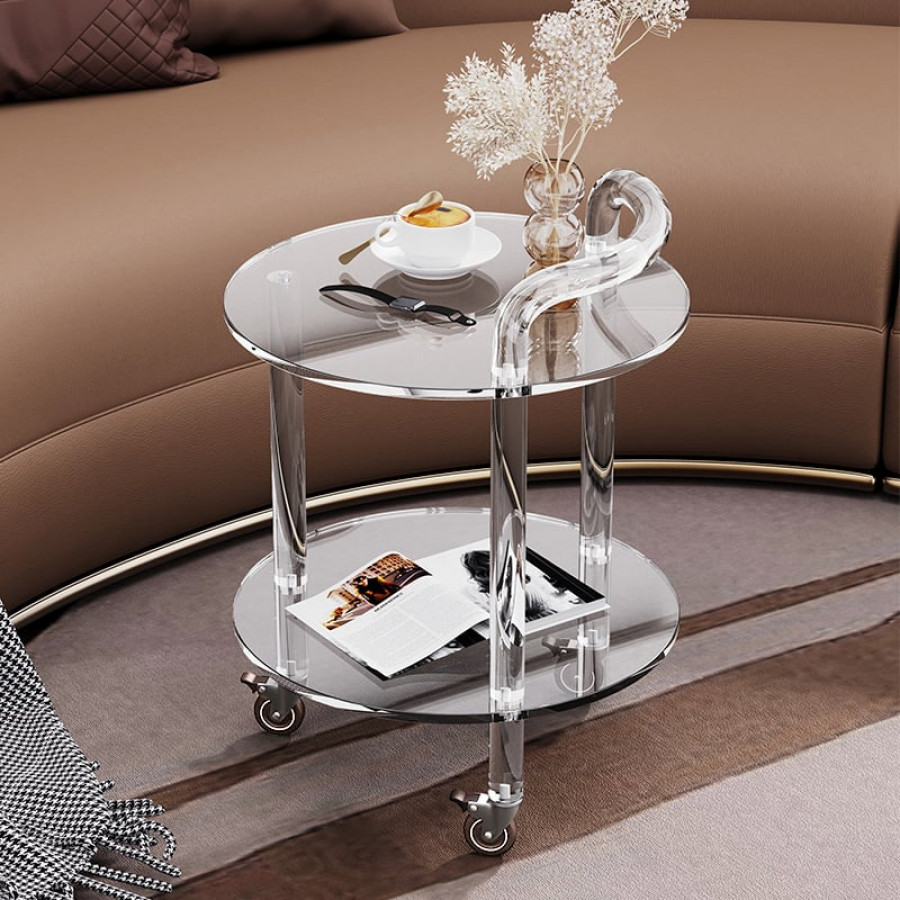 HMR - Modern Clear Acrylic Bar Cart Rolling Serving Trolley with 2 Tiers & Handle