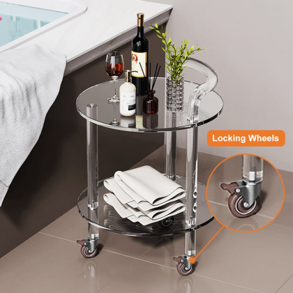 HMR - Modern Clear Acrylic Bar Cart Rolling Serving Trolley with 2 Tiers & Handle