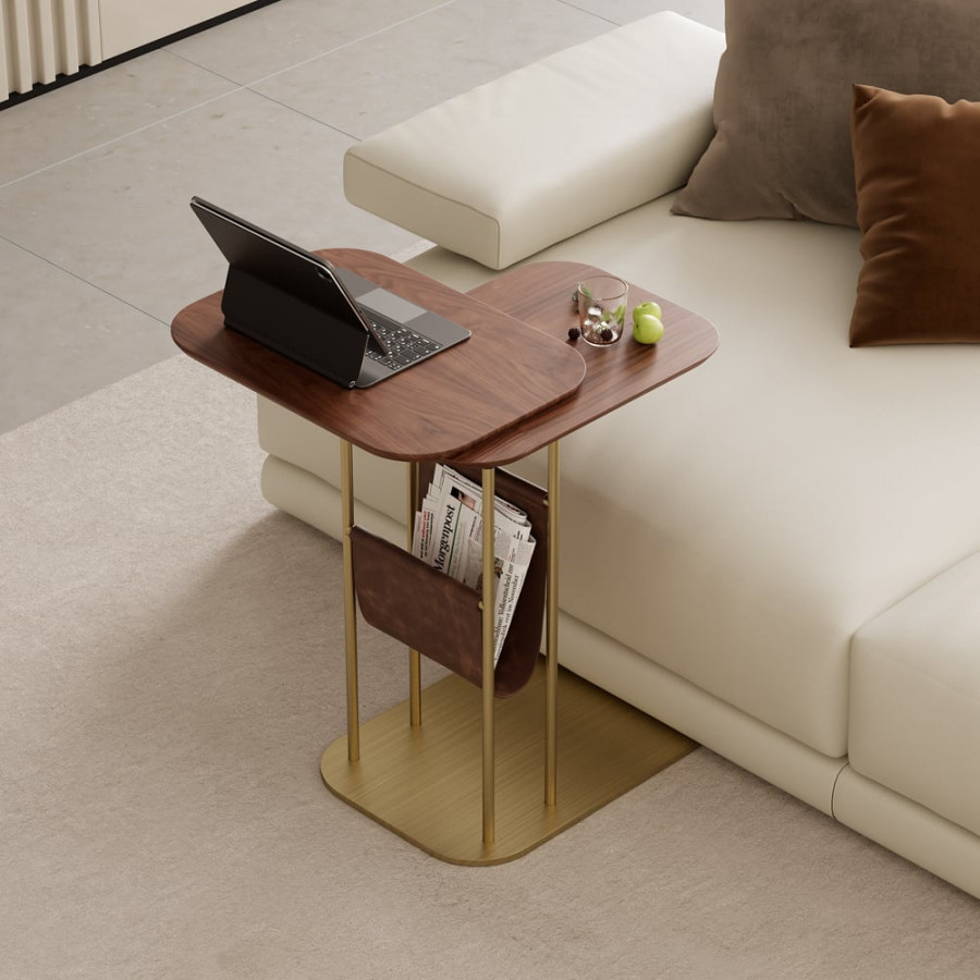 HMR - C-Shaped Walnut & Gold Rotating Side Table with Storage