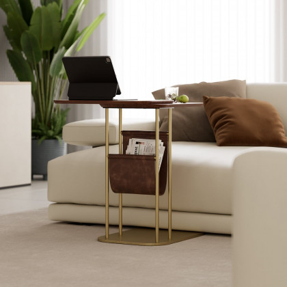 HMR - C-Shaped Walnut & Gold Rotating Side Table with Storage
