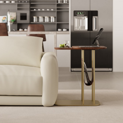 HMR - C-Shaped Walnut & Gold Rotating Side Table with Storage