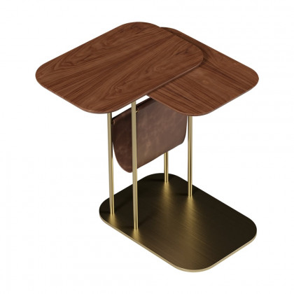 HMR - C-Shaped Walnut & Gold Rotating Side Table with Storage