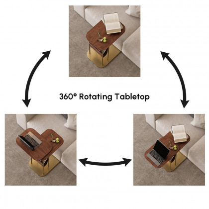 HMR - C-Shaped Walnut & Gold Rotating Side Table with Storage