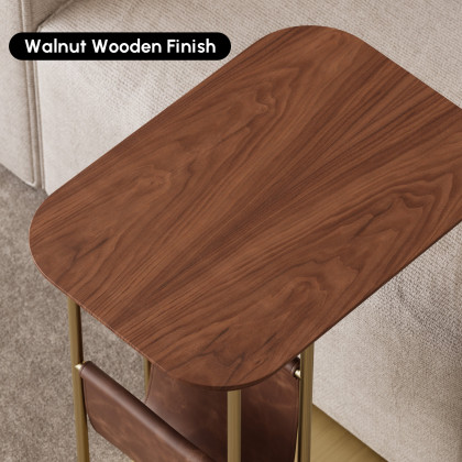 HMR - C-Shaped Walnut & Gold Rotating Side Table with Storage