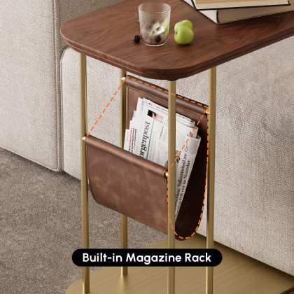 HMR - C-Shaped Walnut & Gold Rotating Side Table with Storage
