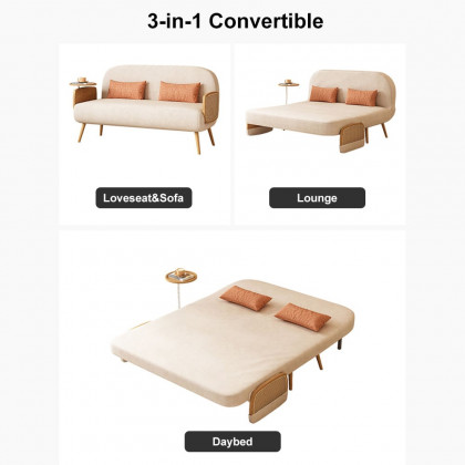 HMR Linen & Rattan Sleeper Sofa with Tray - Beige, Full Size