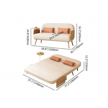 HMR Linen & Rattan Sleeper Sofa with Tray - Beige, Full Size