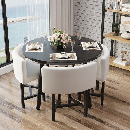 HMR Dining Set 39.4" Modern Round Wood Dining Table with 4 Chairs - White/Black
