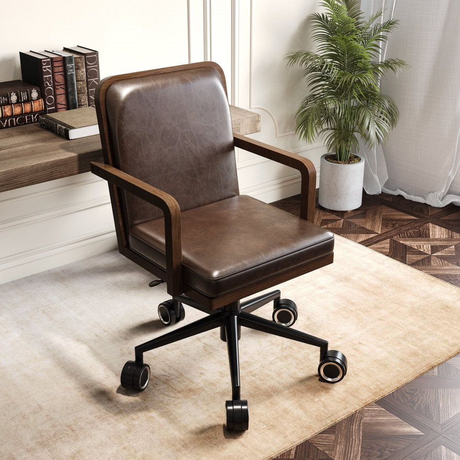 HMR - Mid-Century Faux Leather & Wood Adjustable Office Chair