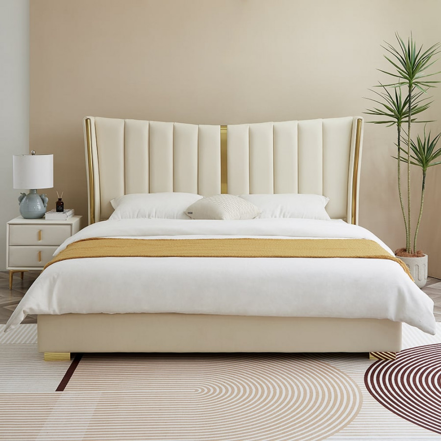 HMR - Modern Beige King Size Bed Wingback Headboard Leather Upholstery & Gold Stainless Steel