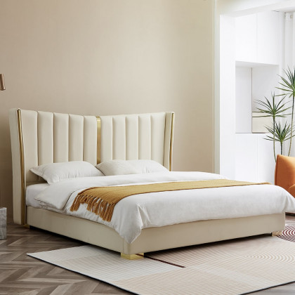 HMR - Modern Beige King Size Bed Wingback Headboard Leather Upholstery & Gold Stainless Steel