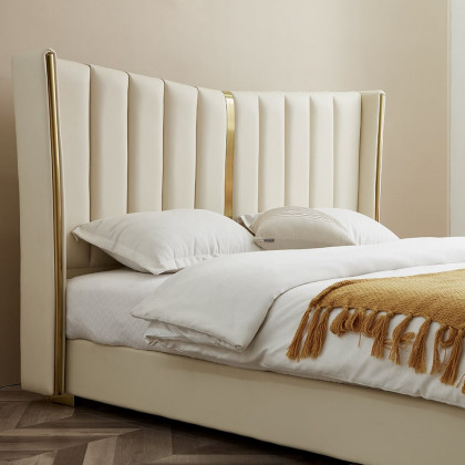 HMR - Modern Beige King Size Bed Wingback Headboard Leather Upholstery & Gold Stainless Steel