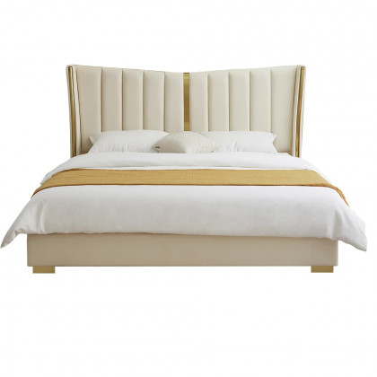 HMR - Modern Beige King Size Bed Wingback Headboard Leather Upholstery & Gold Stainless Steel