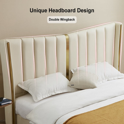 HMR - Modern Beige King Size Bed Wingback Headboard Leather Upholstery & Gold Stainless Steel