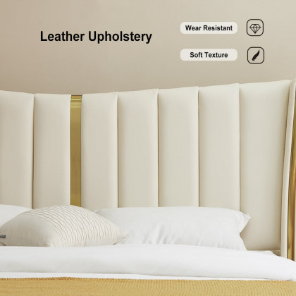 HMR - Modern Beige King Size Bed Wingback Headboard Leather Upholstery & Gold Stainless Steel