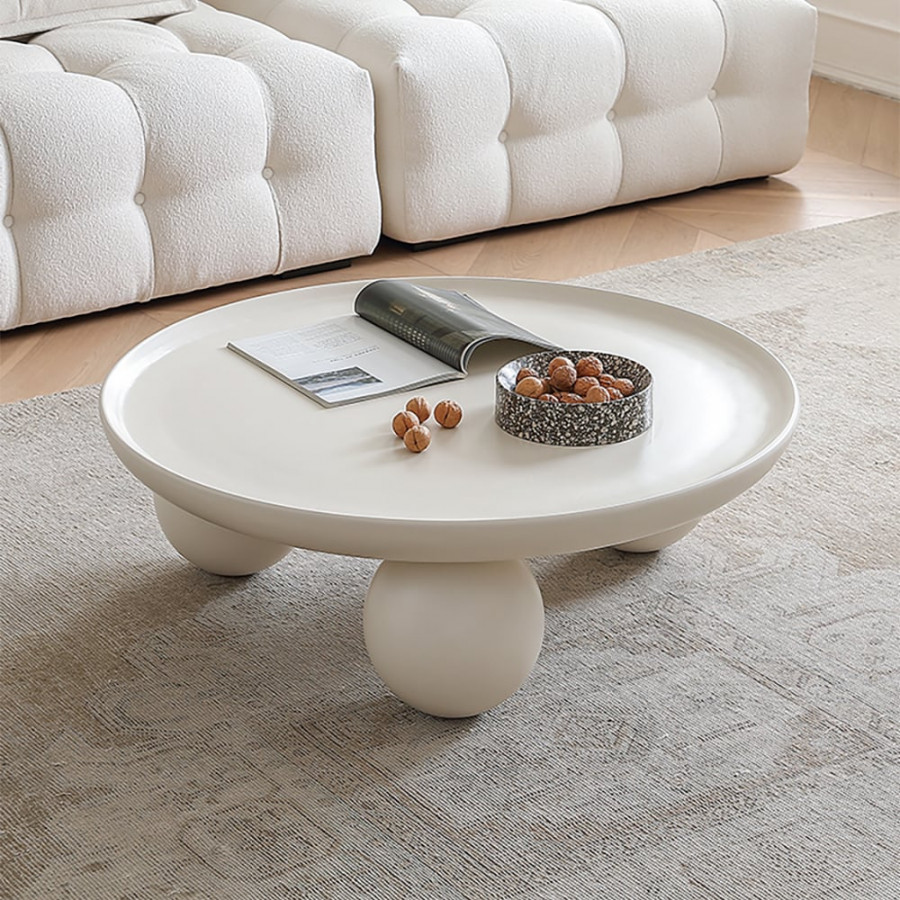 HMR - 31.5" Modern Round White Block Coffee Table with Spherical Legs