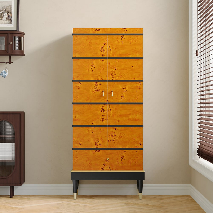HMR - Rustic Burlwood Bar Cabinet with Glass&Bottle Holder Home Bar Cabinet
