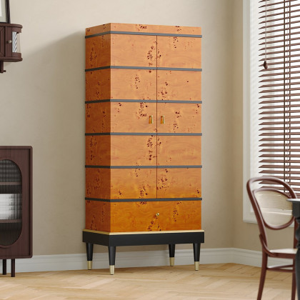 HMR - Rustic Burlwood Bar Cabinet with Glass&Bottle Holder Home Bar Cabinet