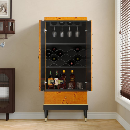 HMR - Rustic Burlwood Bar Cabinet with Glass&Bottle Holder Home Bar Cabinet