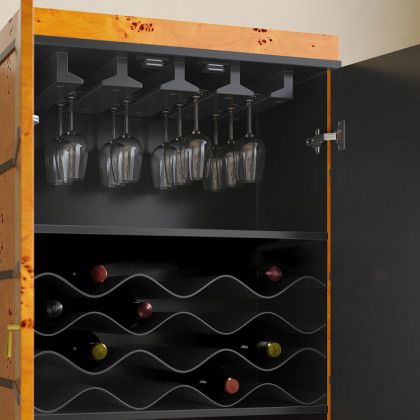 HMR - Rustic Burlwood Bar Cabinet with Glass&Bottle Holder Home Bar Cabinet