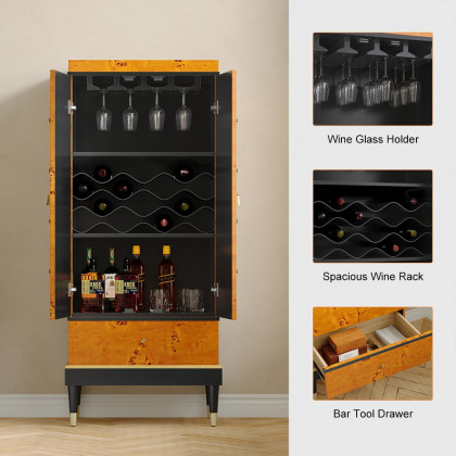 HMR - Rustic Burlwood Bar Cabinet with Glass&Bottle Holder Home Bar Cabinet