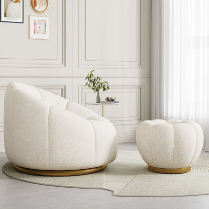 HMR - 23.6" Dia Modern White Cream Boucle Ottoman Pumpkin Pouf Ottoman Cloud Foot Stool