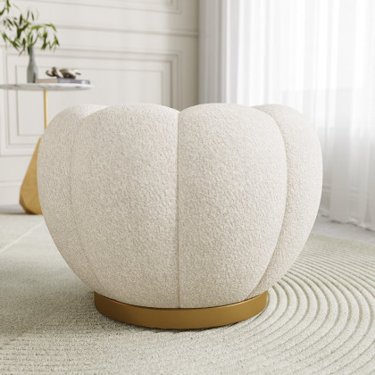 HMR - 23.6" Dia Modern White Cream Boucle Ottoman Pumpkin Pouf Ottoman Cloud Foot Stool