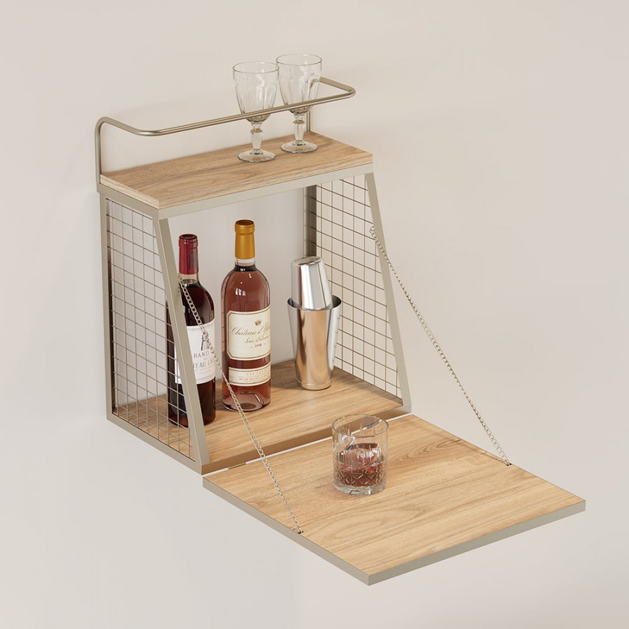 HMR - Industrial Floating Bar Table with Storage Natural Wood Hanging Cocktail Bar