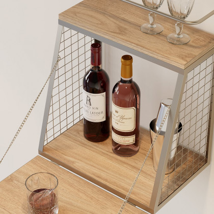 HMR - Industrial Floating Bar Table with Storage Natural Wood Hanging Cocktail Bar