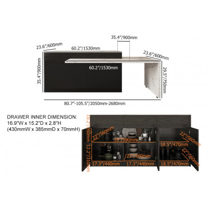 HMR 82''-106" Extendable Kitchen lsland with Doors&Drawers - Black, Engineered Wood, Right-Hand Facing