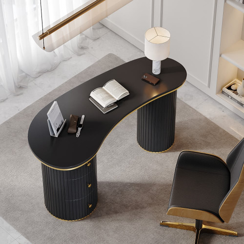 HMR 55.1" Modern Curved Desk 3-Drawer Wooden Home Office Desk Double Pedestal - Black