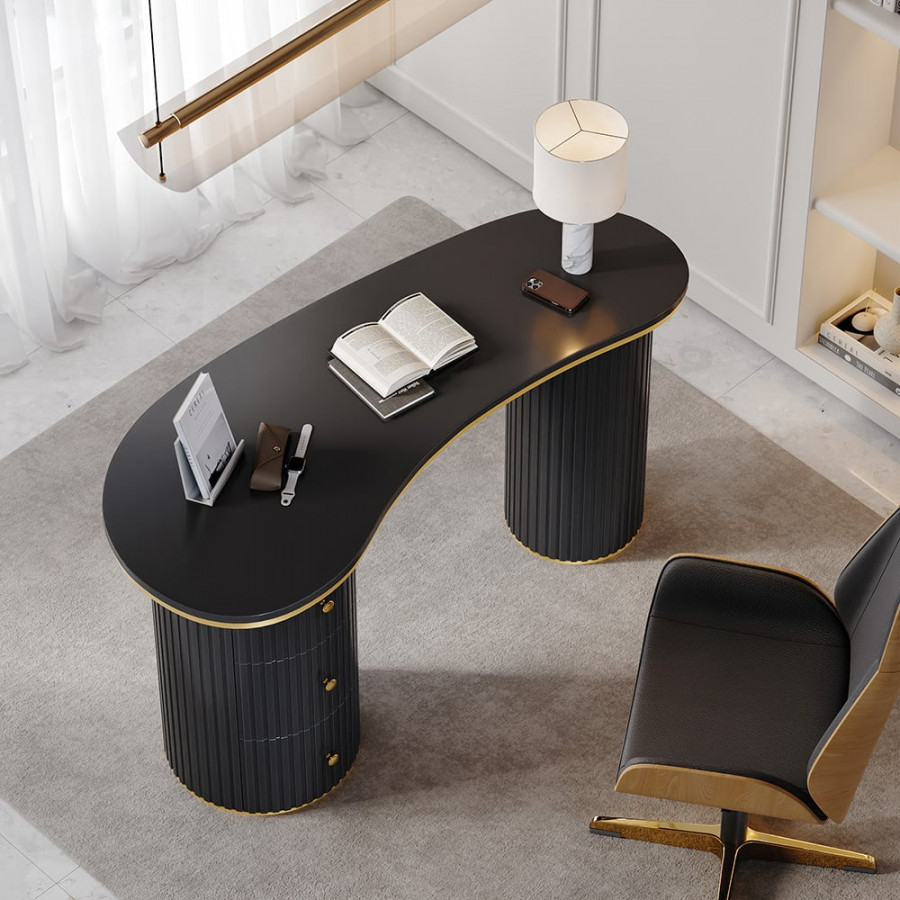 HMR 55.1" Modern Curved Desk 3-Drawer Wooden Home Office Desk Double Pedestal - Black