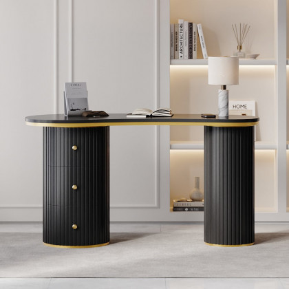 HMR 55.1" Modern Curved Desk 3-Drawer Wooden Home Office Desk Double Pedestal - Black