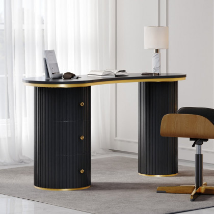 HMR 55.1" Modern Curved Desk 3-Drawer Wooden Home Office Desk Double Pedestal - Black
