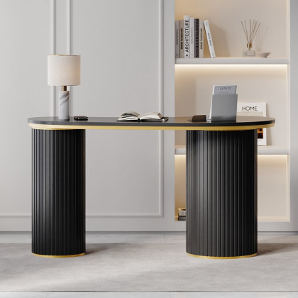 HMR 55.1" Modern Curved Desk 3-Drawer Wooden Home Office Desk Double Pedestal - Black