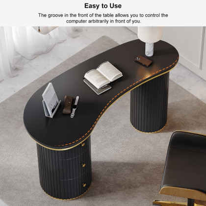 HMR 55.1" Modern Curved Desk 3-Drawer Wooden Home Office Desk Double Pedestal - Black