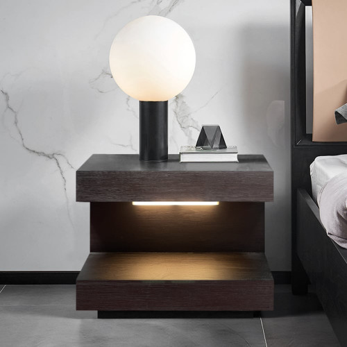 HMR Wood Nightstand with 1 Drawer C-shaped Side Table with Light - Dark Walnut, Set of 2