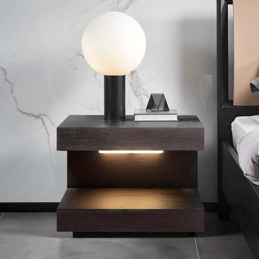 HMR Wood Nightstand with 1 Drawer C-shaped Side Table with Light - Dark Walnut, Set of 2