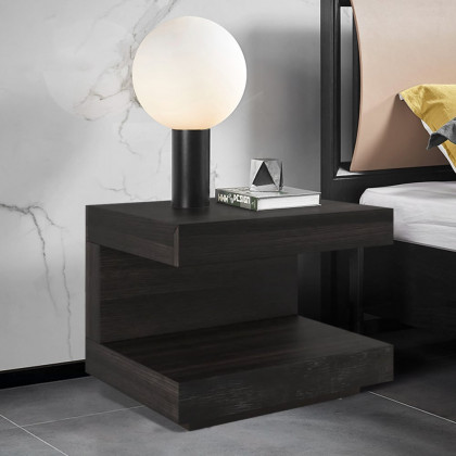 HMR Wood Nightstand with 1 Drawer C-shaped Side Table with Light - Dark Walnut, Set of 2