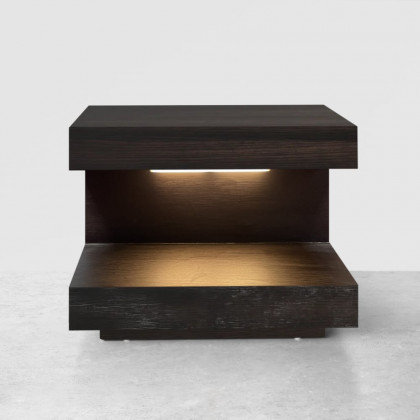 HMR Wood Nightstand with 1 Drawer C-shaped Side Table with Light - Dark Walnut, Set of 2