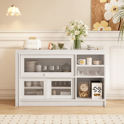 HMR Farmhouse Extendable Wood Sideboards and Cabinets with Ample Storage - White