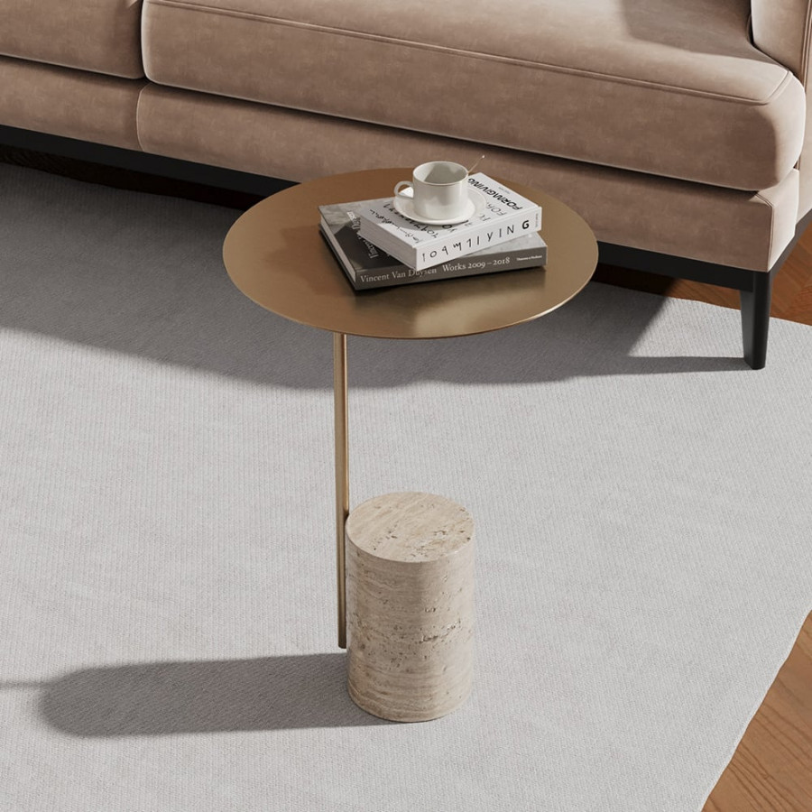 HMR - Beige Modern Stone Travertine Side Table with Stainless Steel in Gold Frame