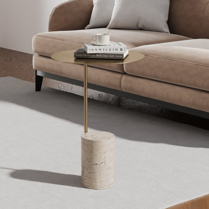 HMR - Beige Modern Stone Travertine Side Table with Stainless Steel in Gold Frame
