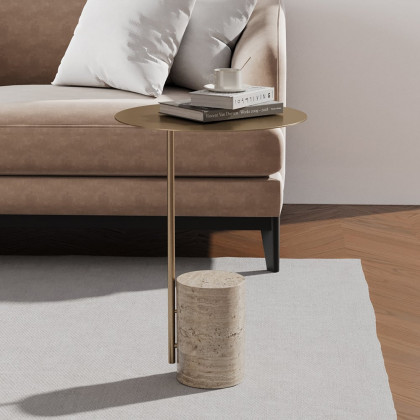 HMR - Beige Modern Stone Travertine Side Table with Stainless Steel in Gold Frame