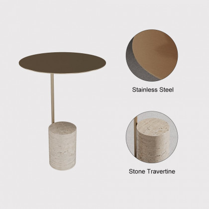 HMR - Beige Modern Stone Travertine Side Table with Stainless Steel in Gold Frame