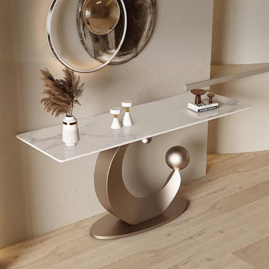 HMR - 47" Narrow Console Table White Sintered Stone Top & Half-Moon Carbon Steel Base