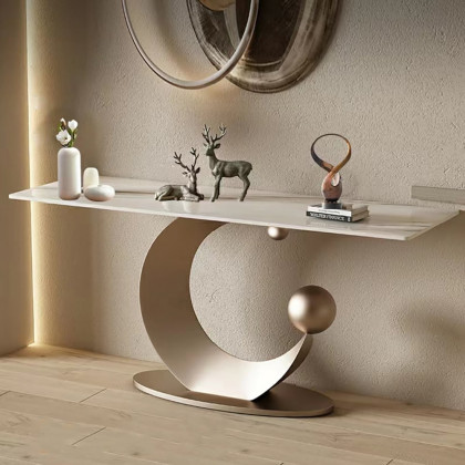 HMR - 47" Narrow Console Table White Sintered Stone Top & Half-Moon Carbon Steel Base