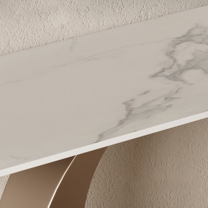 HMR - 47" Narrow Console Table White Sintered Stone Top & Half-Moon Carbon Steel Base