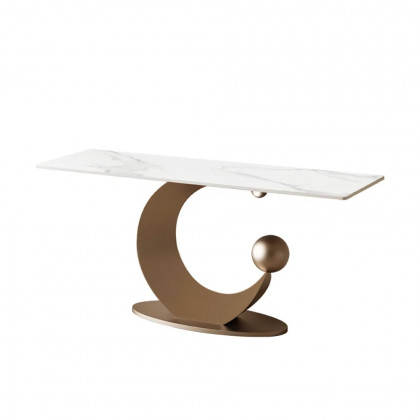 HMR - 47" Narrow Console Table White Sintered Stone Top & Half-Moon Carbon Steel Base
