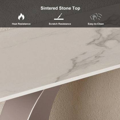 HMR - 47" Narrow Console Table White Sintered Stone Top & Half-Moon Carbon Steel Base
